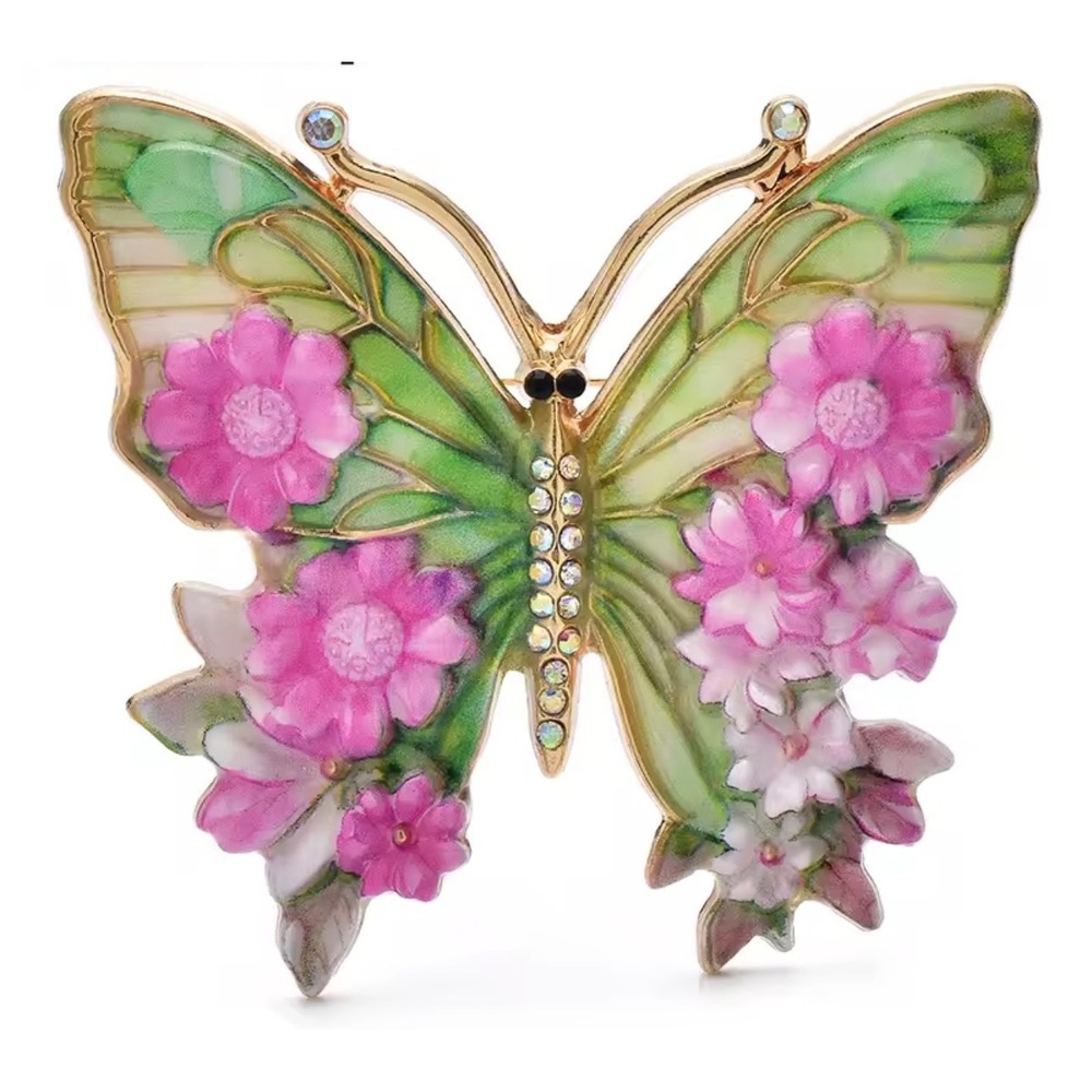 Floral Enamel Butterfly Brooch Pin Rhinestone Crystal Gold Toneβ Jewelry